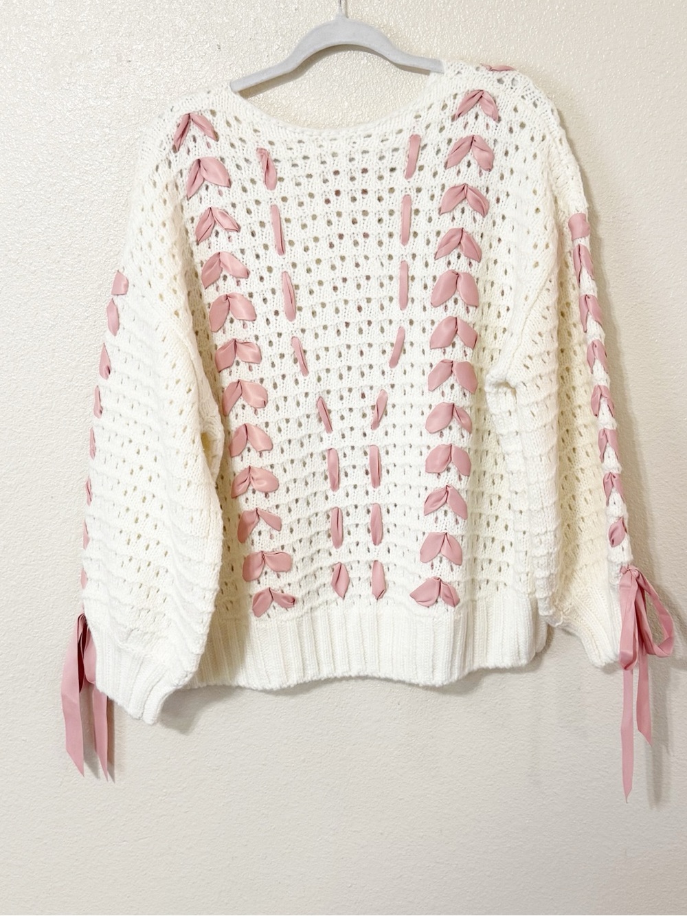 For Love & Lemons Laurel Oversized Cream & Pink Ribbon Sweater size small NEW - Picture 11 of 14